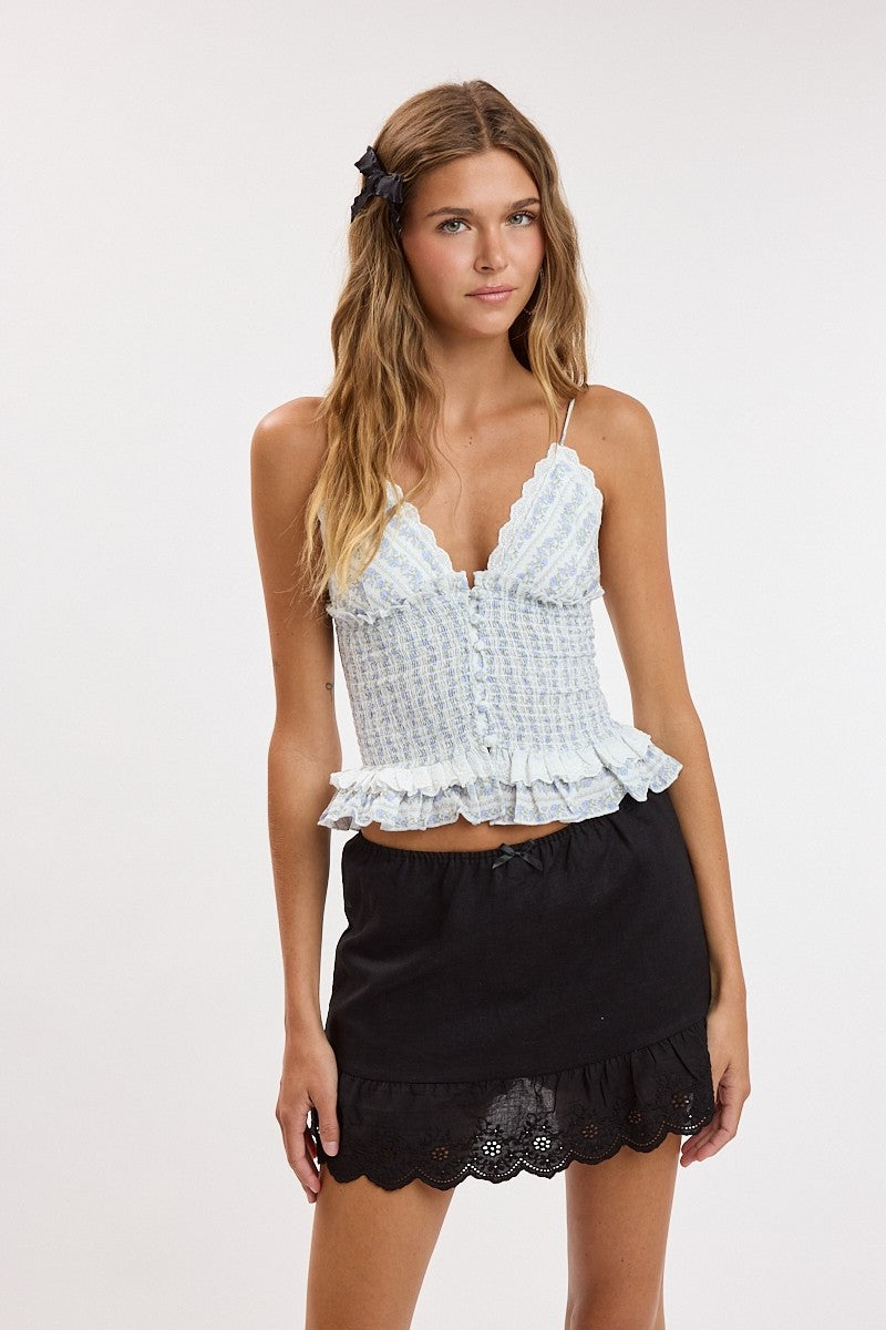 Celeste Lace Trim Linen Mini Skort in Black