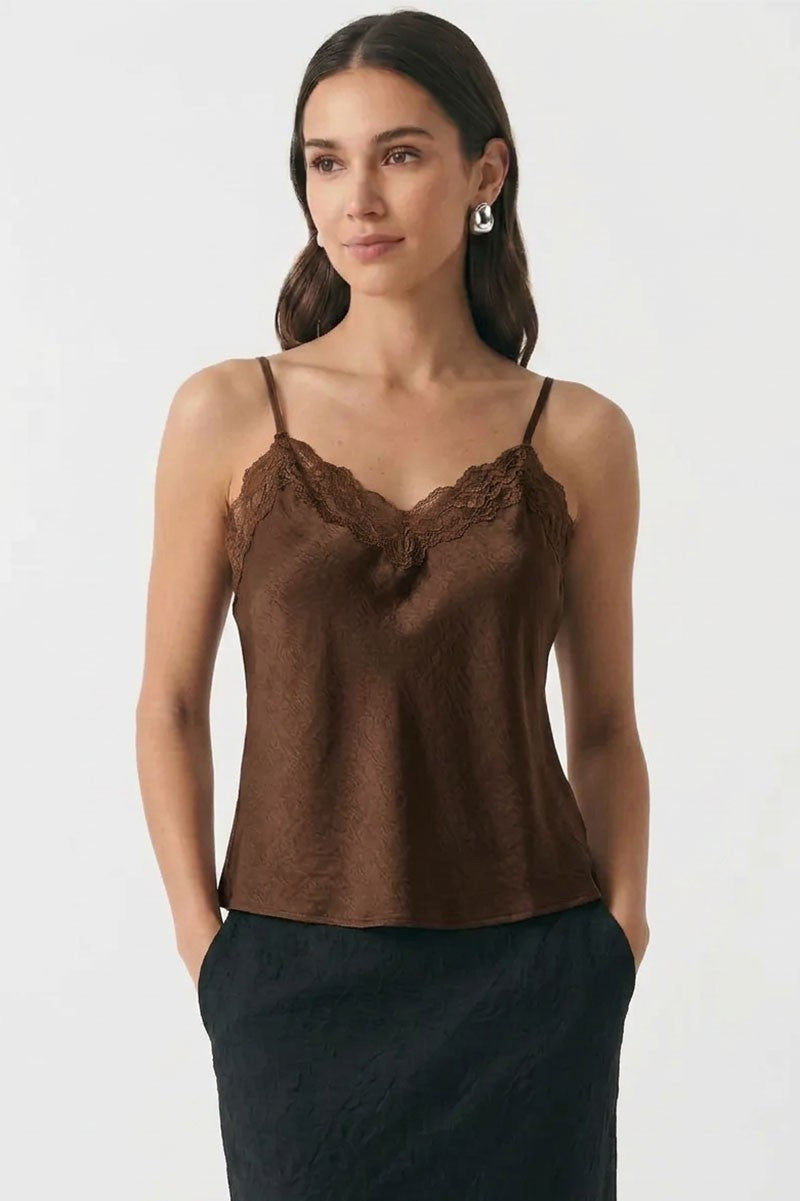 Cleo Satin Lace Trim Cami in Chocolate
