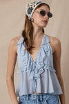 Sheer Solid Color Double Ties Lace Ruffle Top in Light Blue