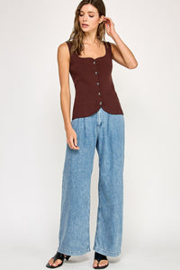 Sweetheart Neck Button Front Top in Chocolate