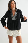 Black Embroidered Split Neck Top