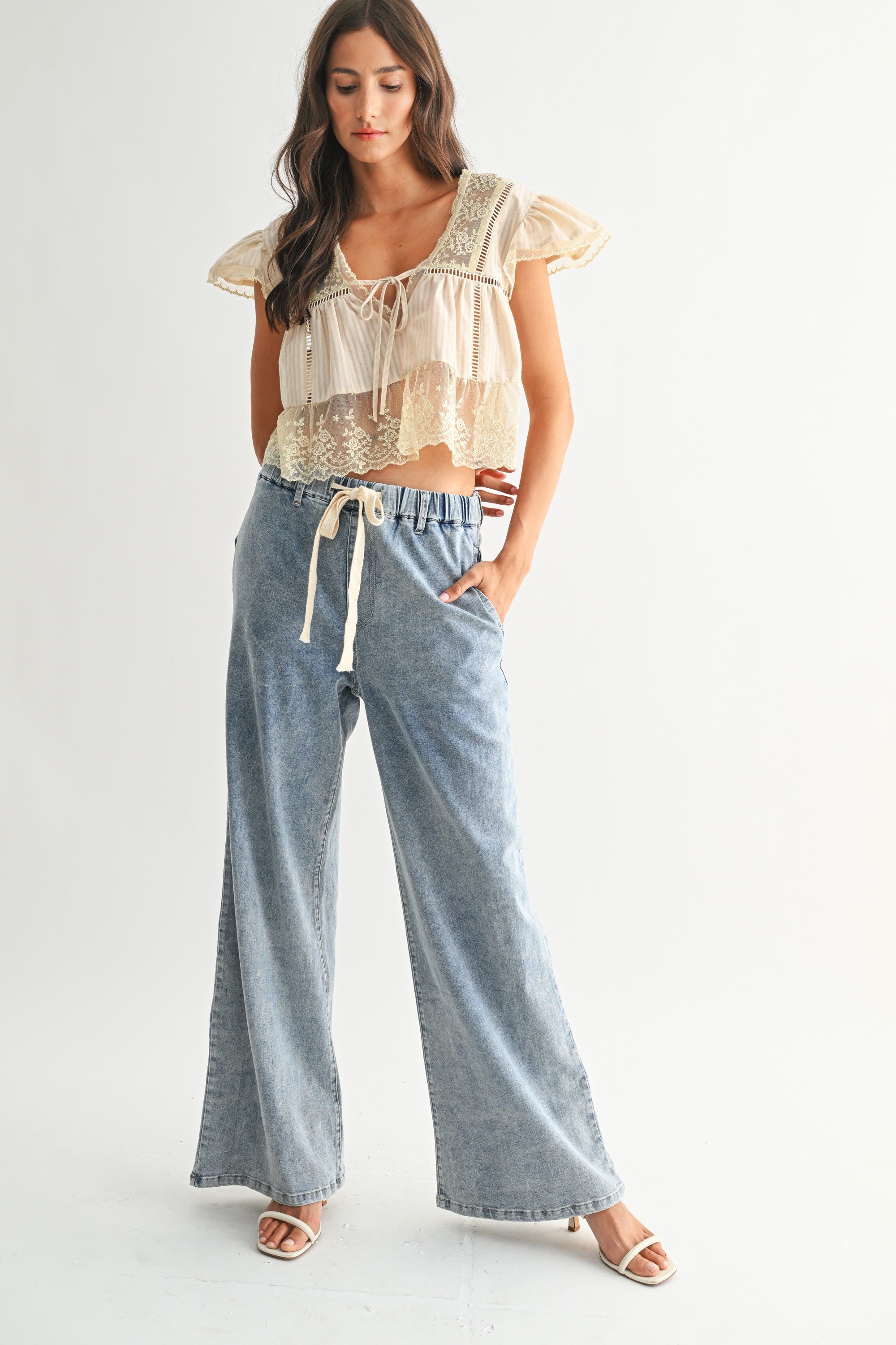 Lucia Lace Trim Tie Front Blouse