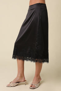 Simone Lace Trim Satin Midi Skirt in Black