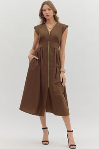 My Way Zip Front Midi Dress in Chocolate