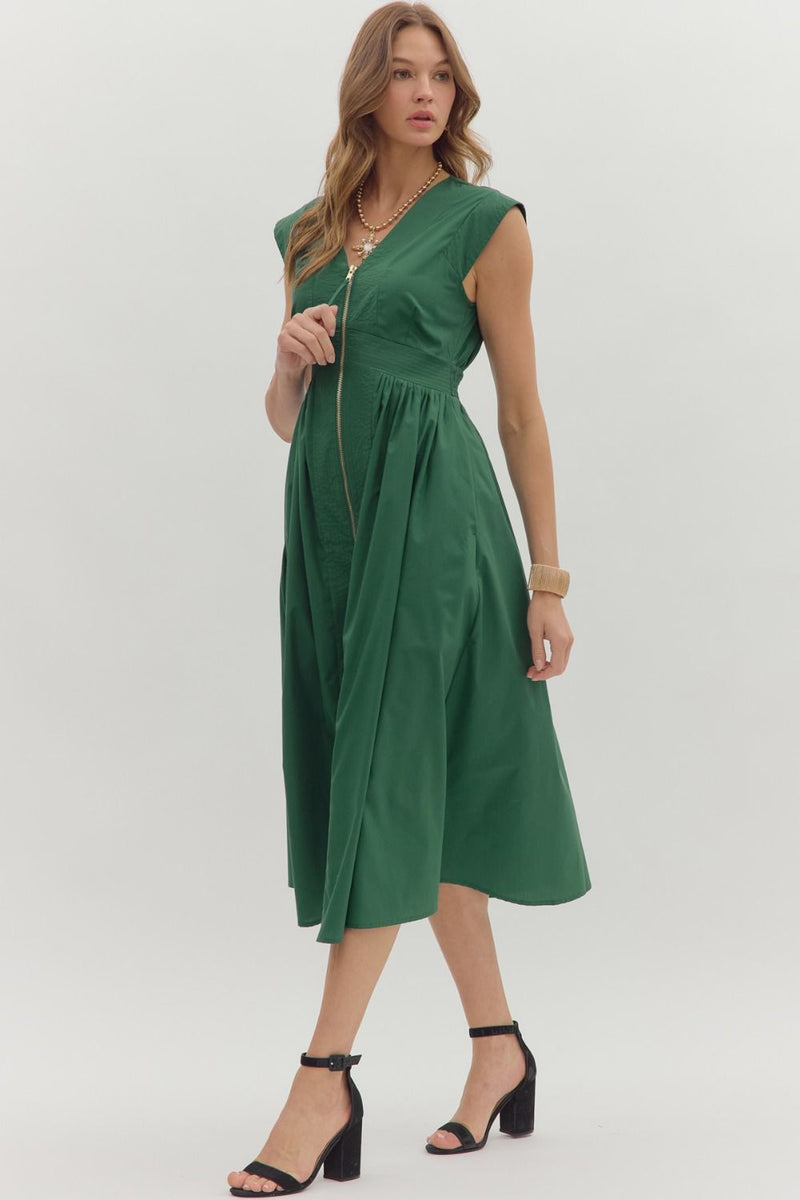 My Way Zip Front Midi Dress in Hunter Green
