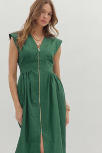 My Way Zip Front Midi Dress in Hunter Green