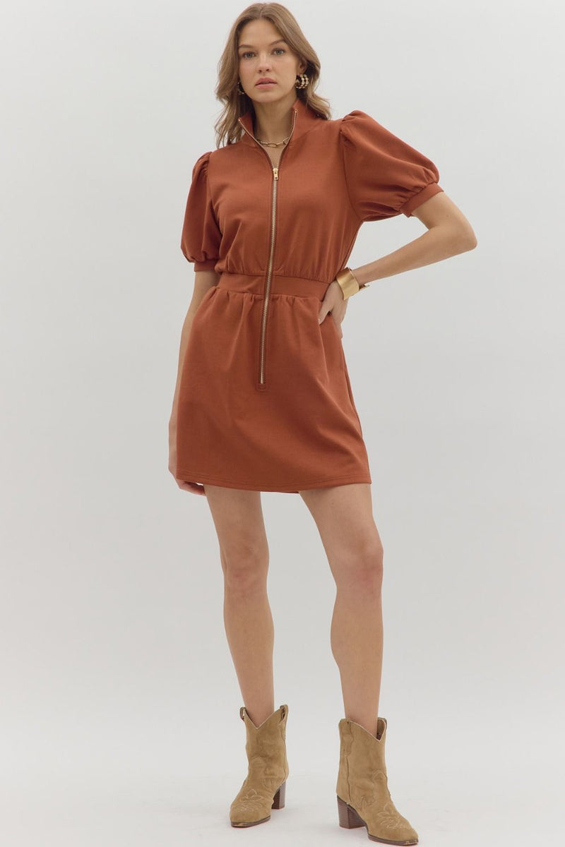 Downtown Zip Front Mini Dress in Rust