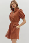 Downtown Zip Front Mini Dress in Rust
