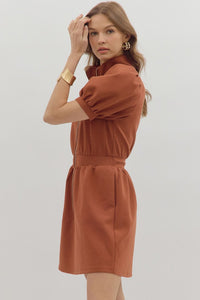 Downtown Zip Front Mini Dress in Rust