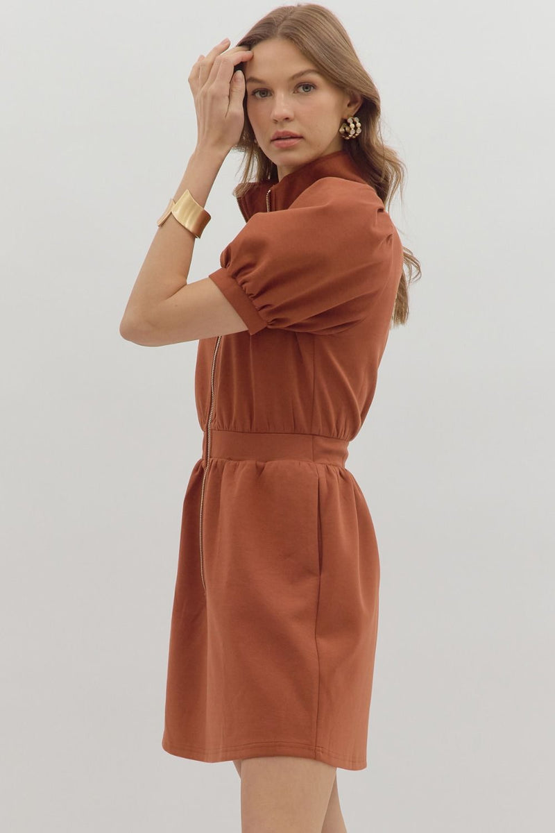 Downtown Zip Front Mini Dress in Rust