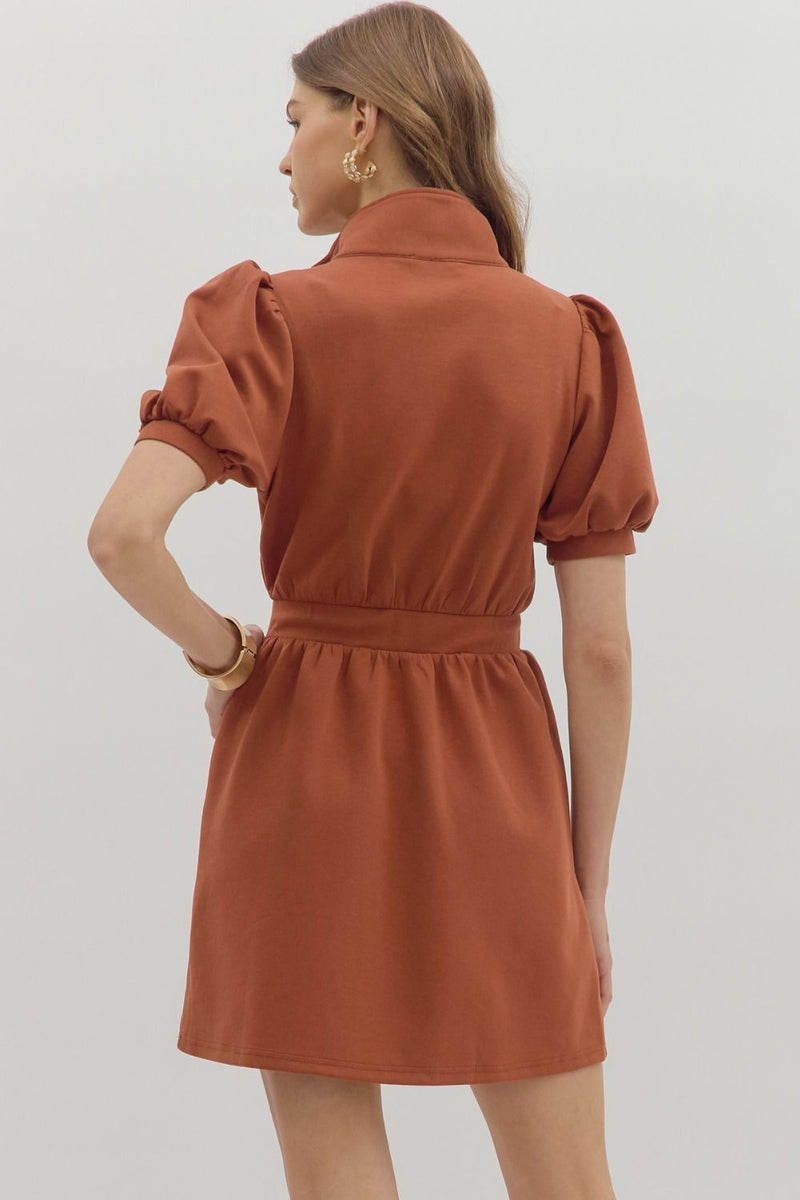 Downtown Zip Front Mini Dress in Rust