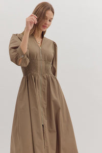 Mariana Zip Front Midi Dress in Mocha