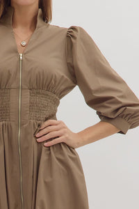 Mariana Zip Front Midi Dress in Mocha