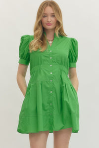 Allia Puff Sleeve Button Front Dress in Green