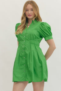 Allia Puff Sleeve Button Front Dress in Green