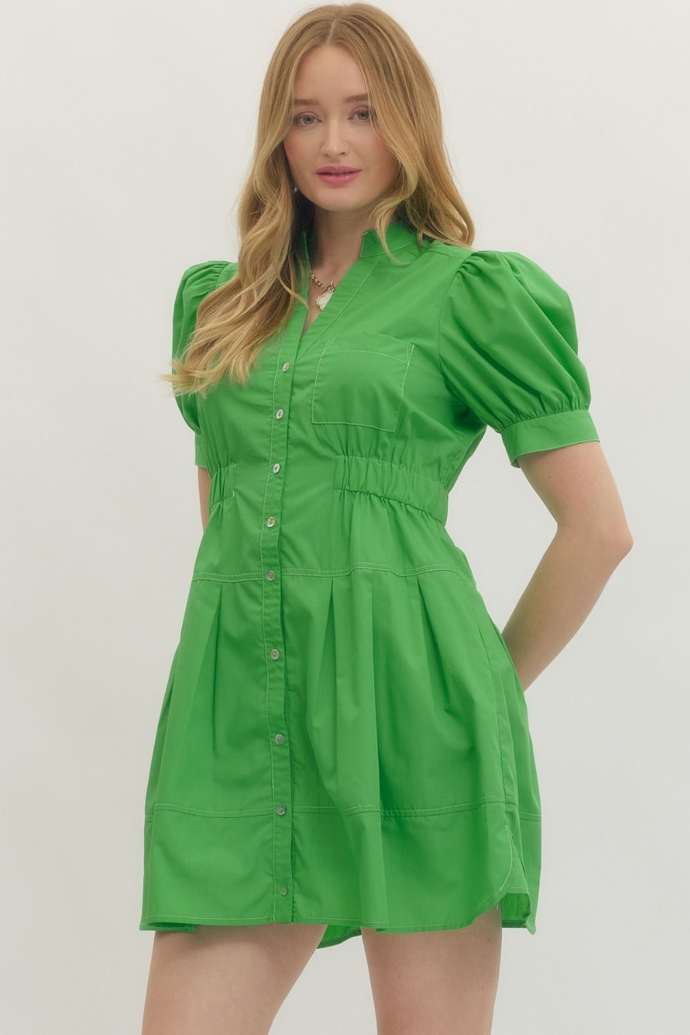 Allia Puff Sleeve Button Front Dress in Green