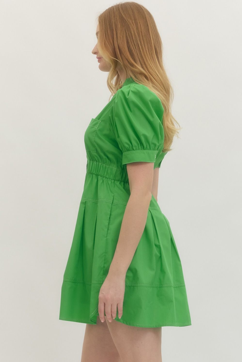 Allia Puff Sleeve Button Front Dress in Green