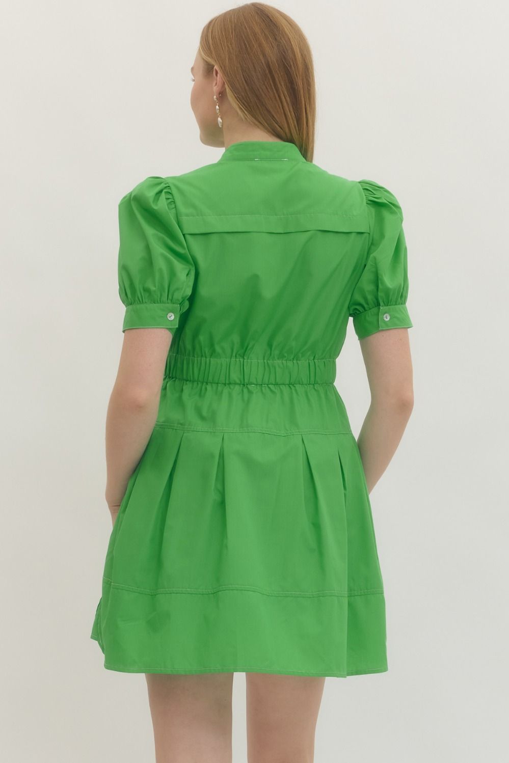 Allia Puff Sleeve Button Front Dress in Green