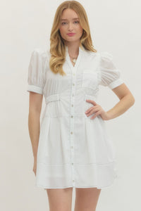 Allia Puff Sleeve Button Front Dress in Off White