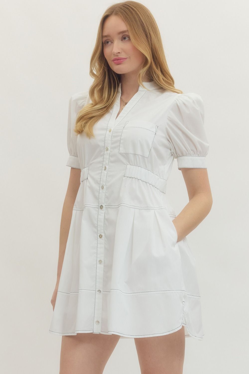Allia Puff Sleeve Button Front Dress in Off White
