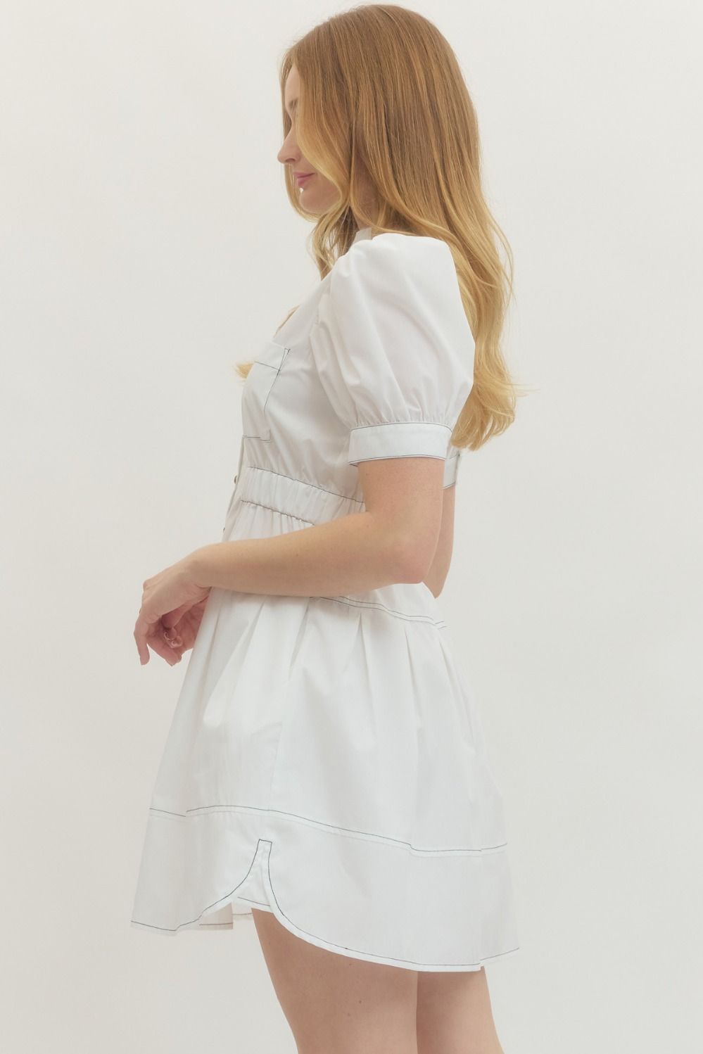 Allia Puff Sleeve Button Front Dress in Off White