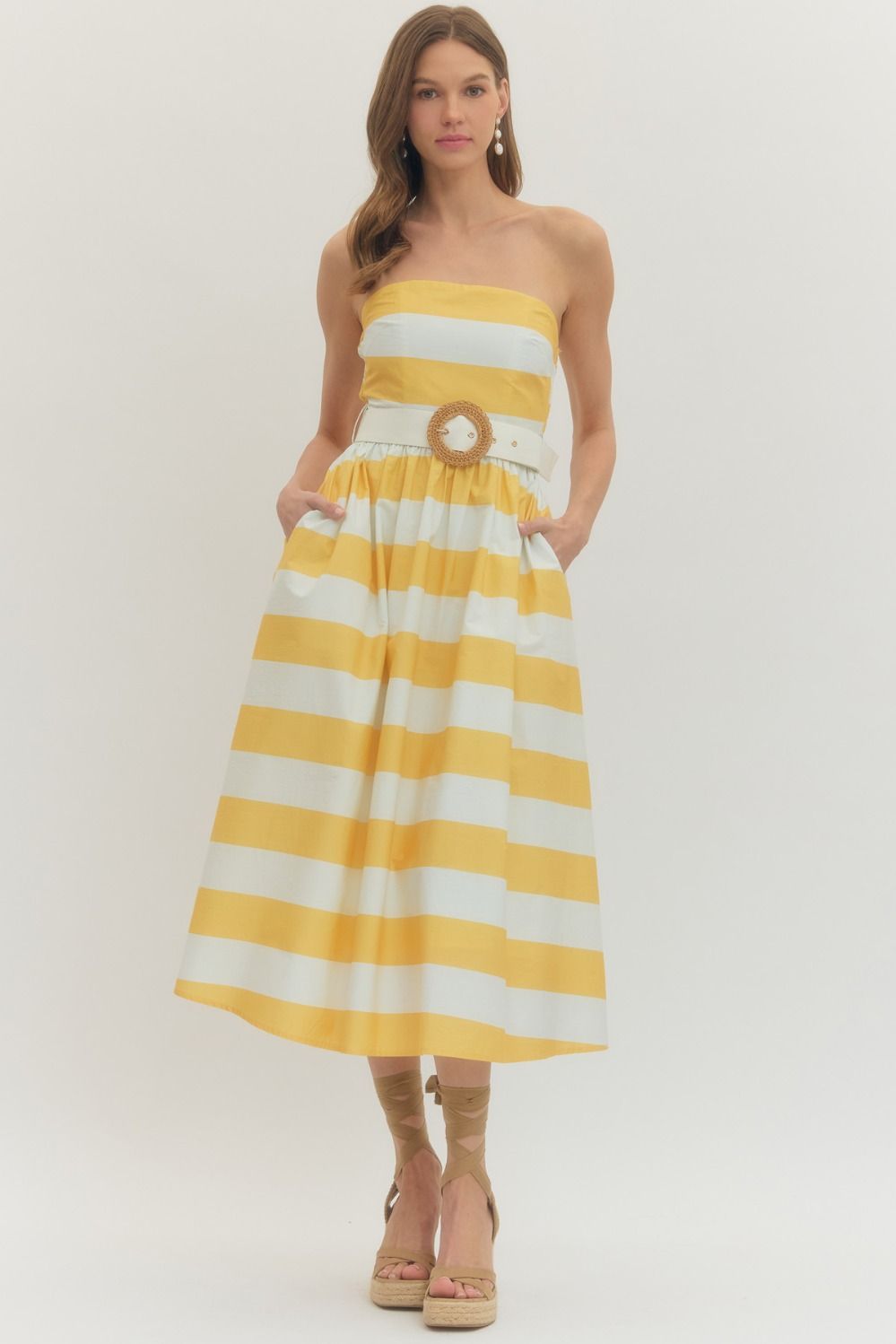 The Vineyard Stripe Belted Midi Dress in Lemon