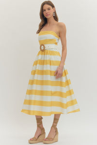 The Vineyard Stripe Belted Midi Dress in Lemon