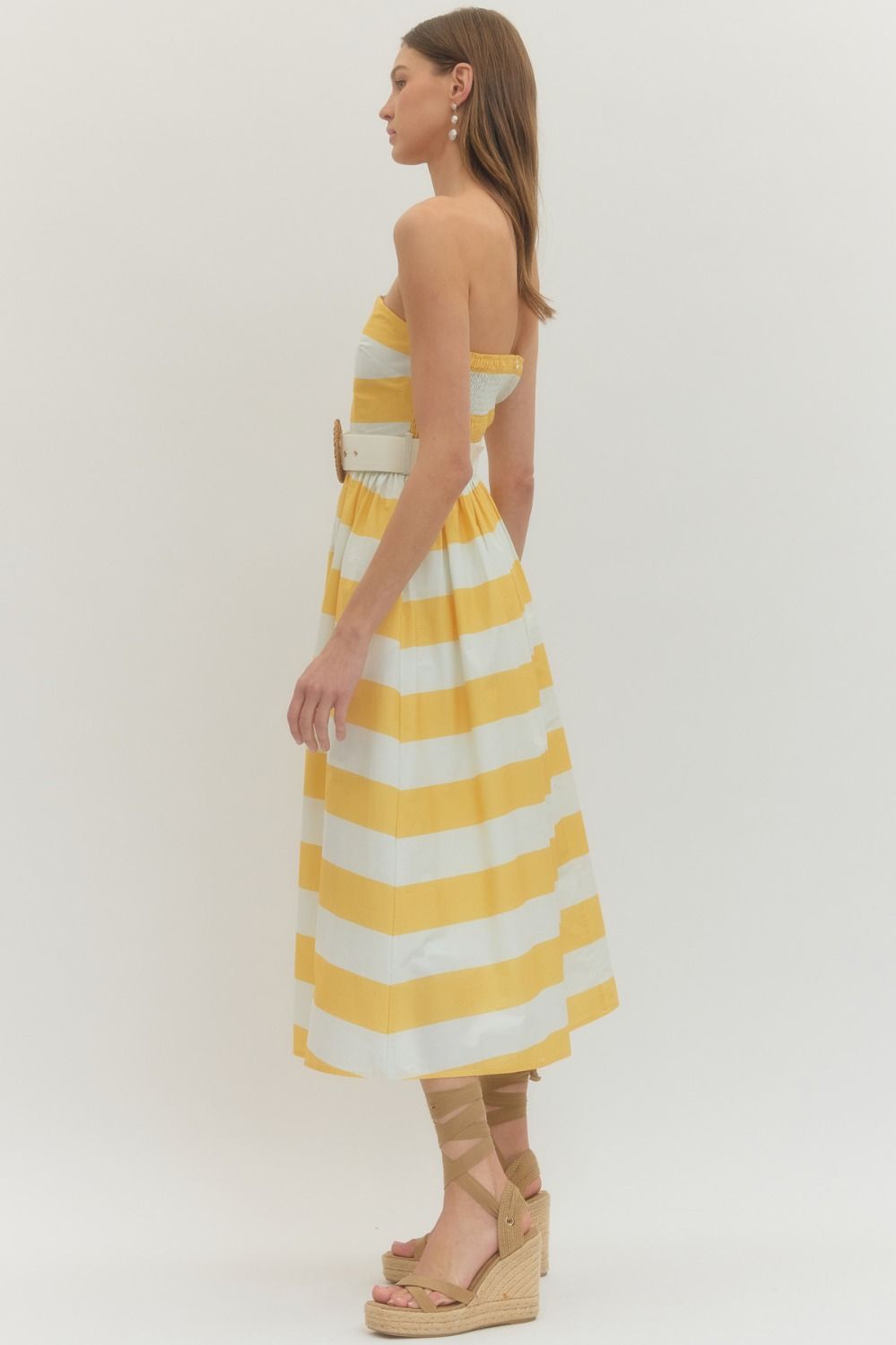 The Vineyard Stripe Belted Midi Dress in Lemon