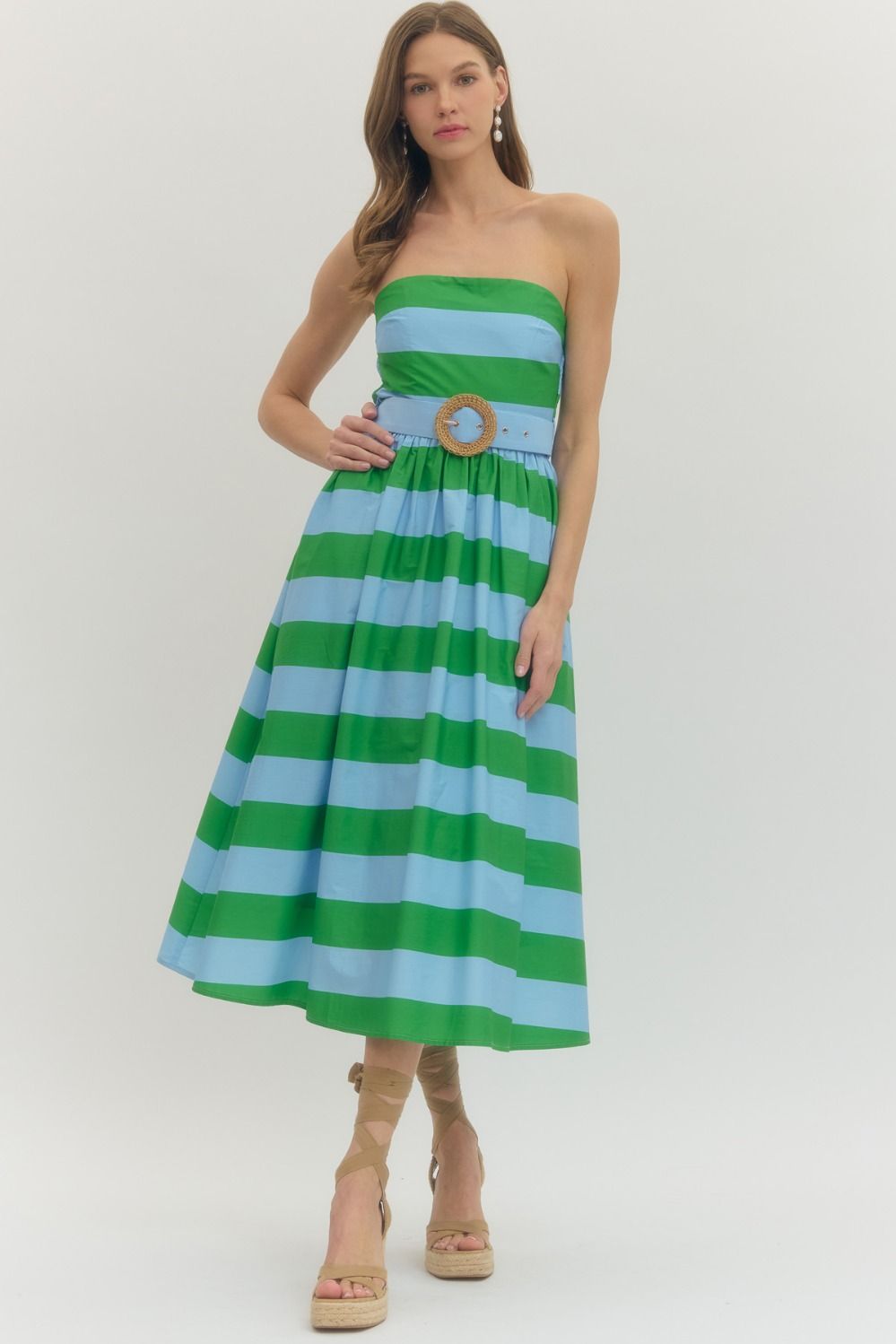 The Vineyard Stripe Belted Midi Dress in Green