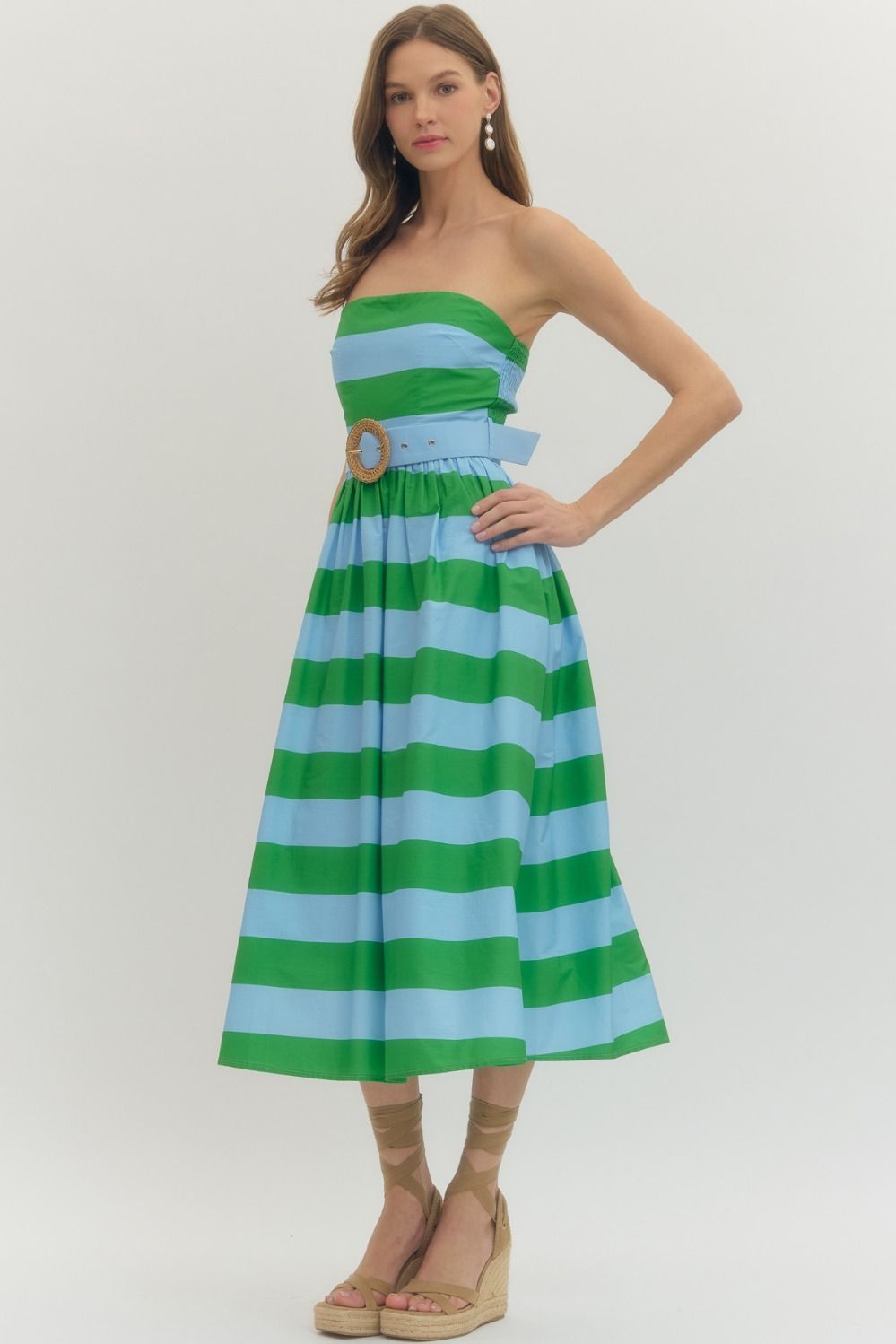 The Vineyard Stripe Belted Midi Dress in Green