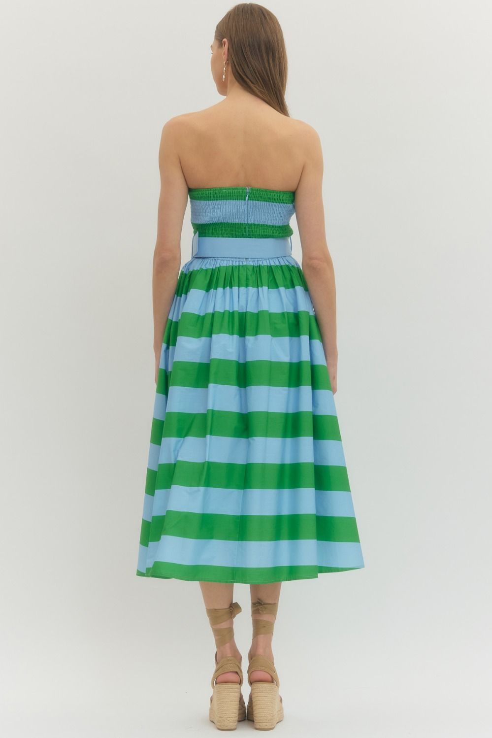 The Vineyard Stripe Belted Midi Dress in Green