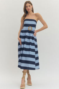 The Vineyard Stripe Belted Midi Dress in Navy