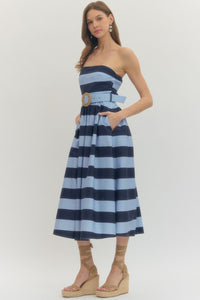 The Vineyard Stripe Belted Midi Dress in Navy