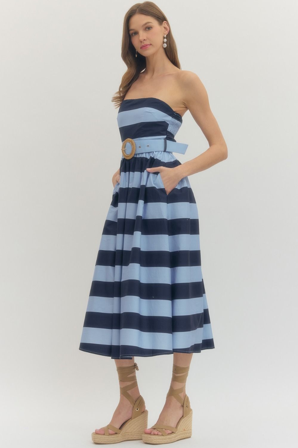 The Vineyard Stripe Belted Midi Dress in Navy