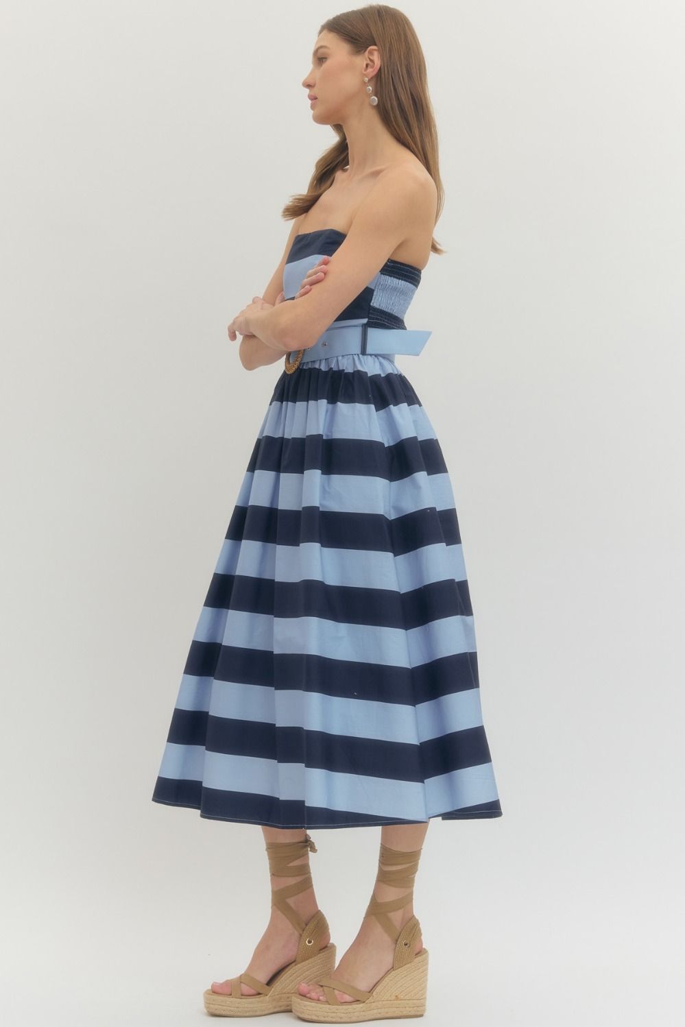 The Vineyard Stripe Belted Midi Dress in Navy