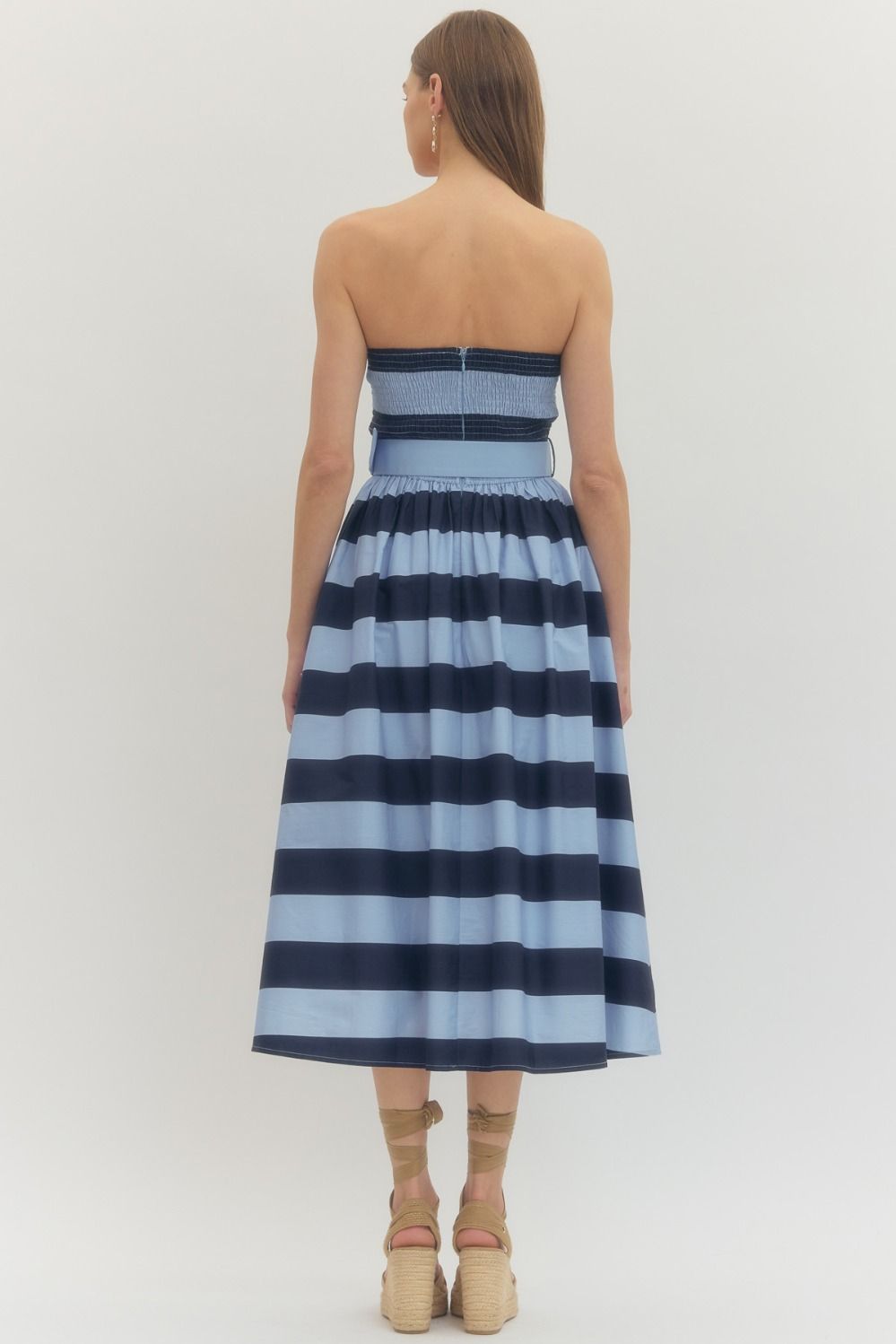 The Vineyard Stripe Belted Midi Dress in Navy