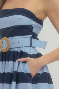 The Vineyard Stripe Belted Midi Dress in Navy