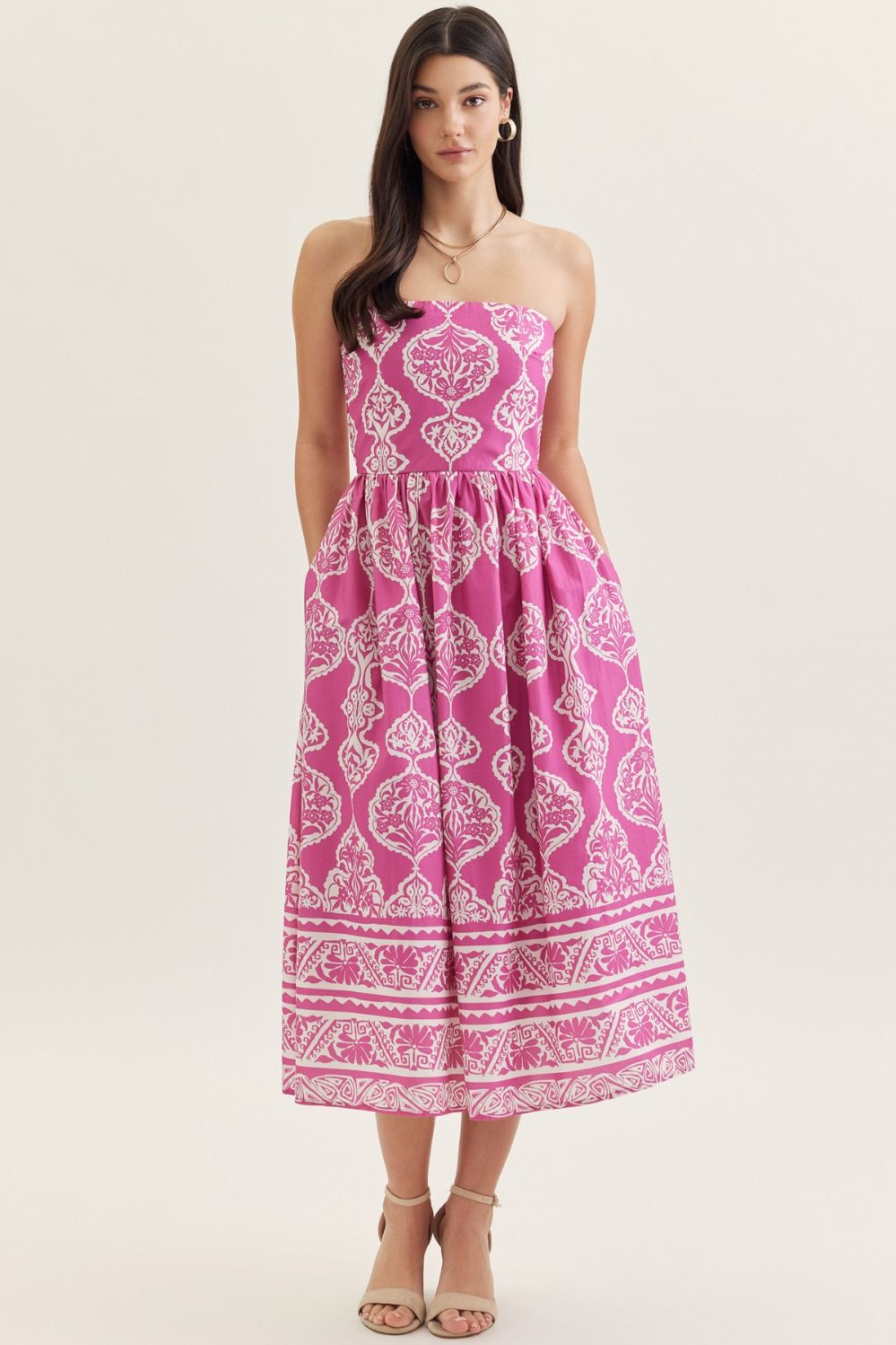 Magenta Printed Strapless Maxi Dress