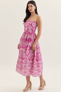 Magenta Printed Strapless Maxi Dress