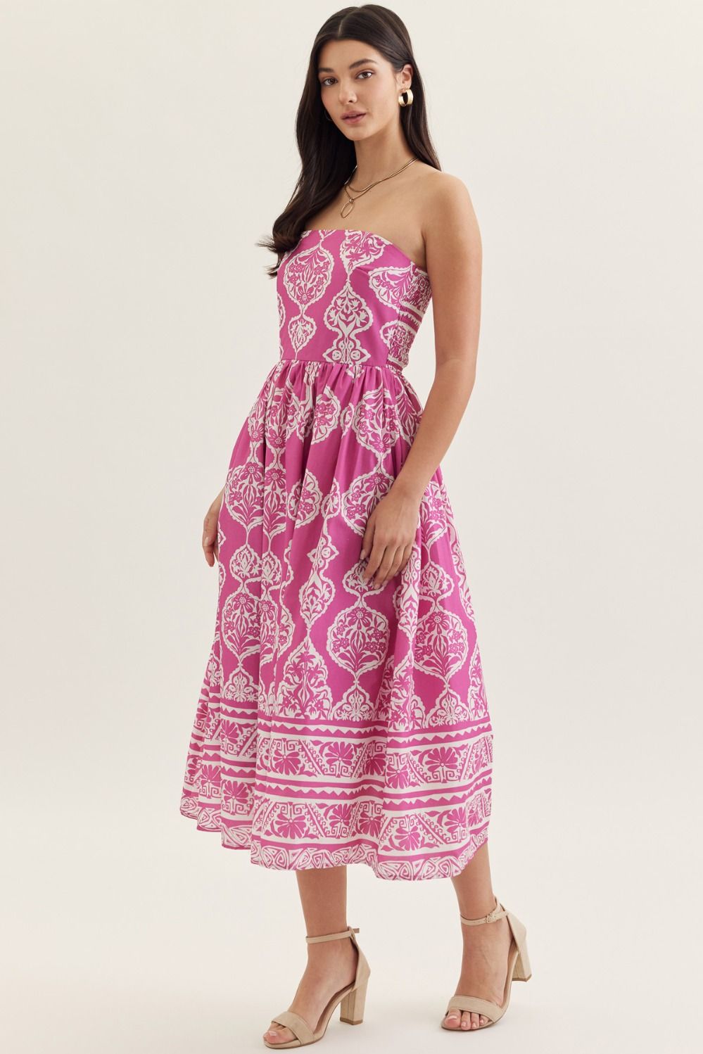 Magenta Printed Strapless Maxi Dress