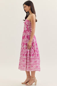 Magenta Printed Strapless Maxi Dress