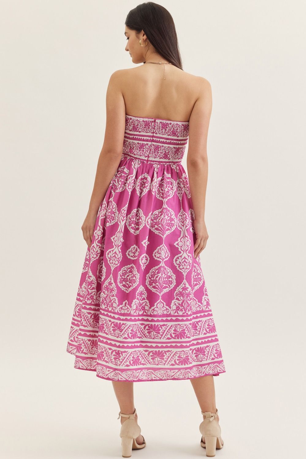 Magenta Printed Strapless Maxi Dress