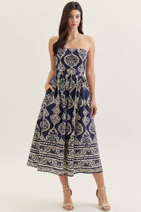 Navy Printed Strapless Maxi Dress