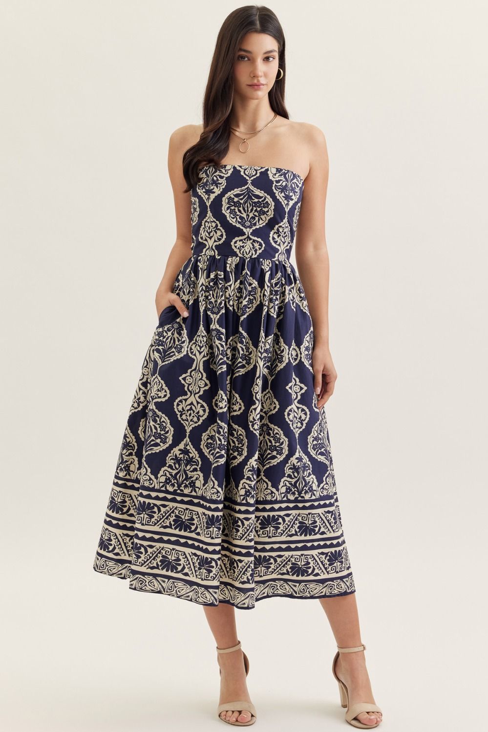 Navy Printed Strapless Maxi Dress