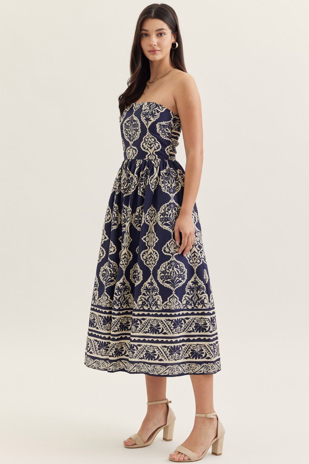 Navy Printed Strapless Maxi Dress