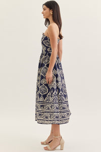 Navy Printed Strapless Maxi Dress