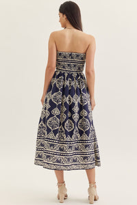 Navy Printed Strapless Maxi Dress
