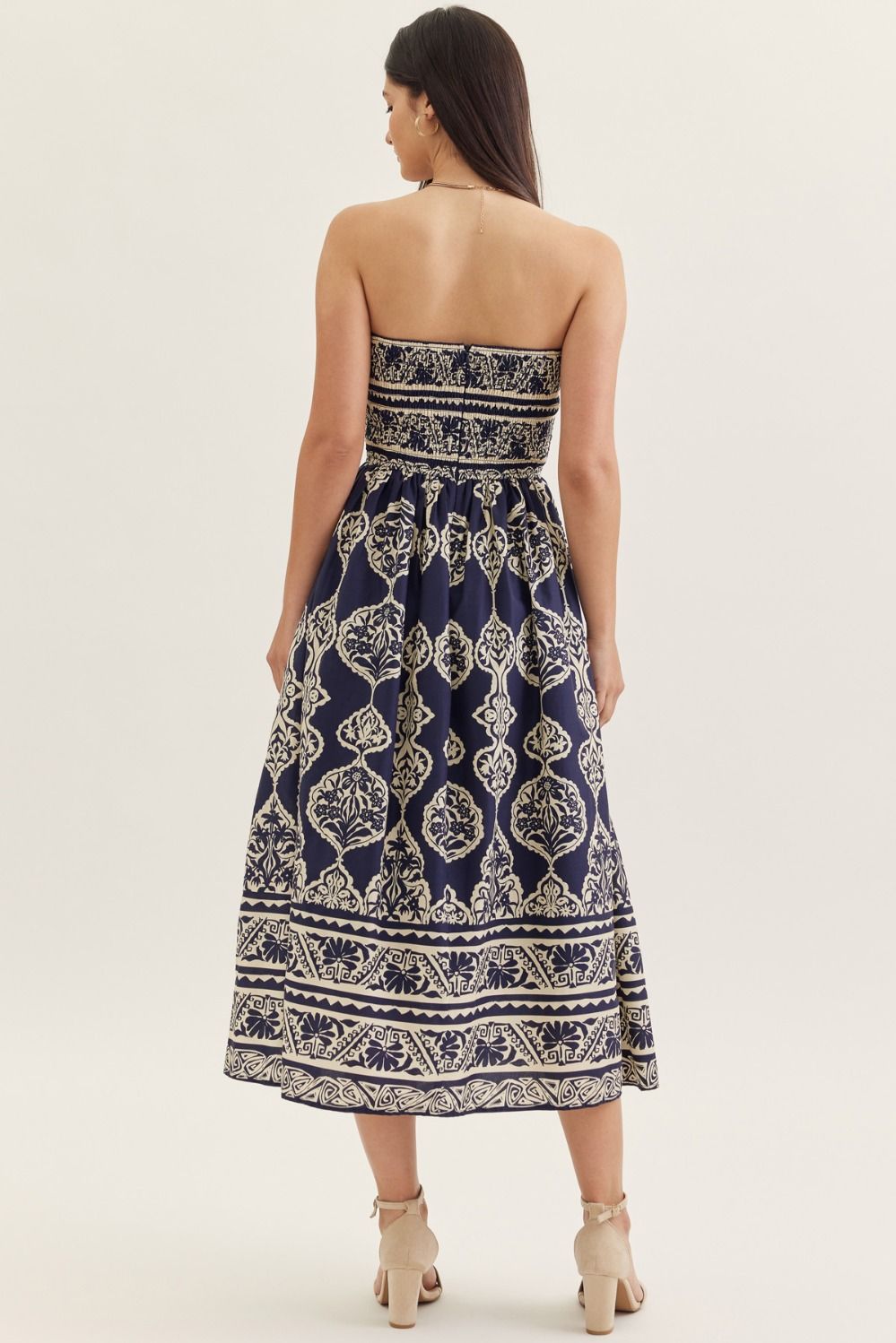 Navy Printed Strapless Maxi Dress