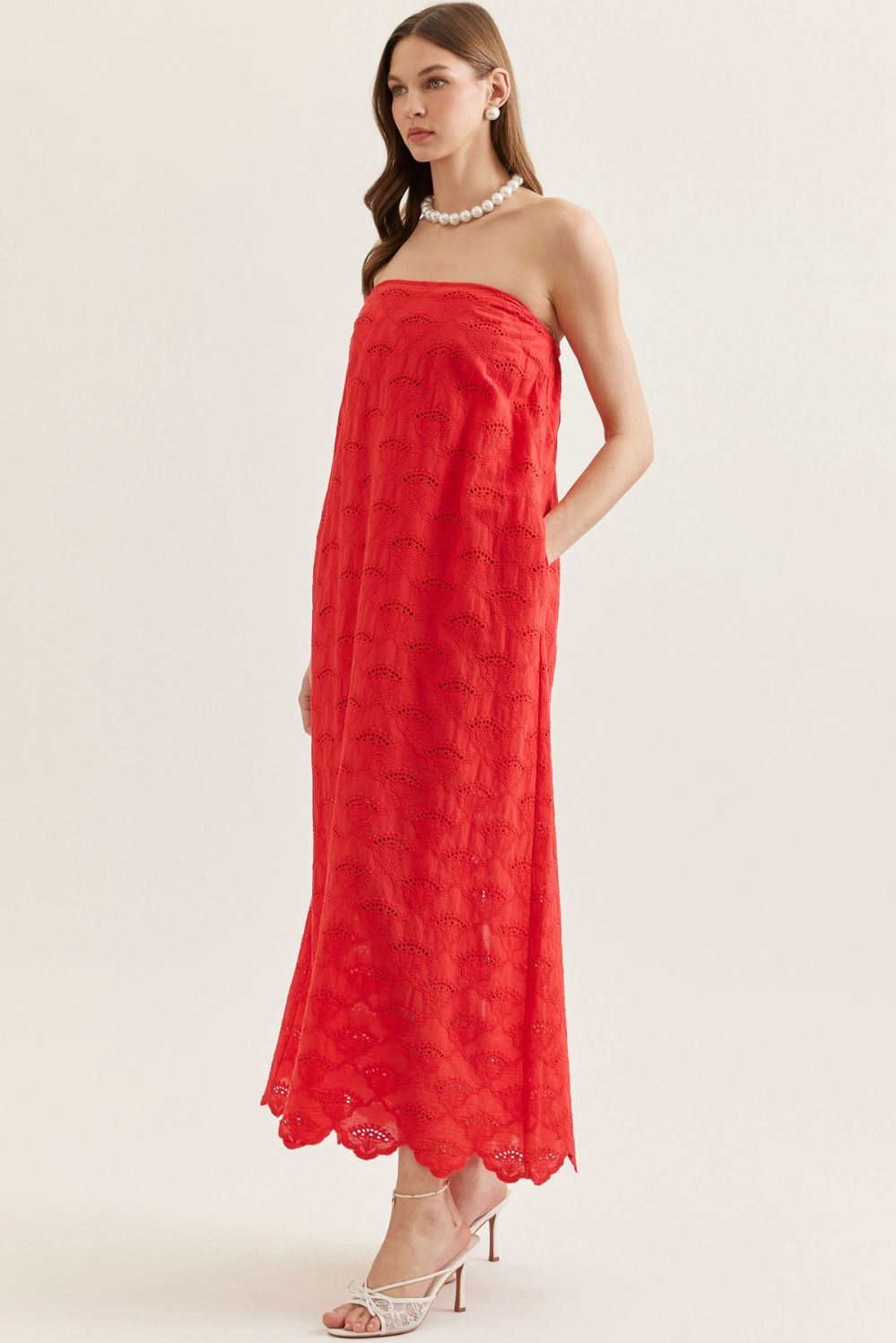 strapless lace red dress Solid Strapless Lace Dress in Red XSMALL / Red