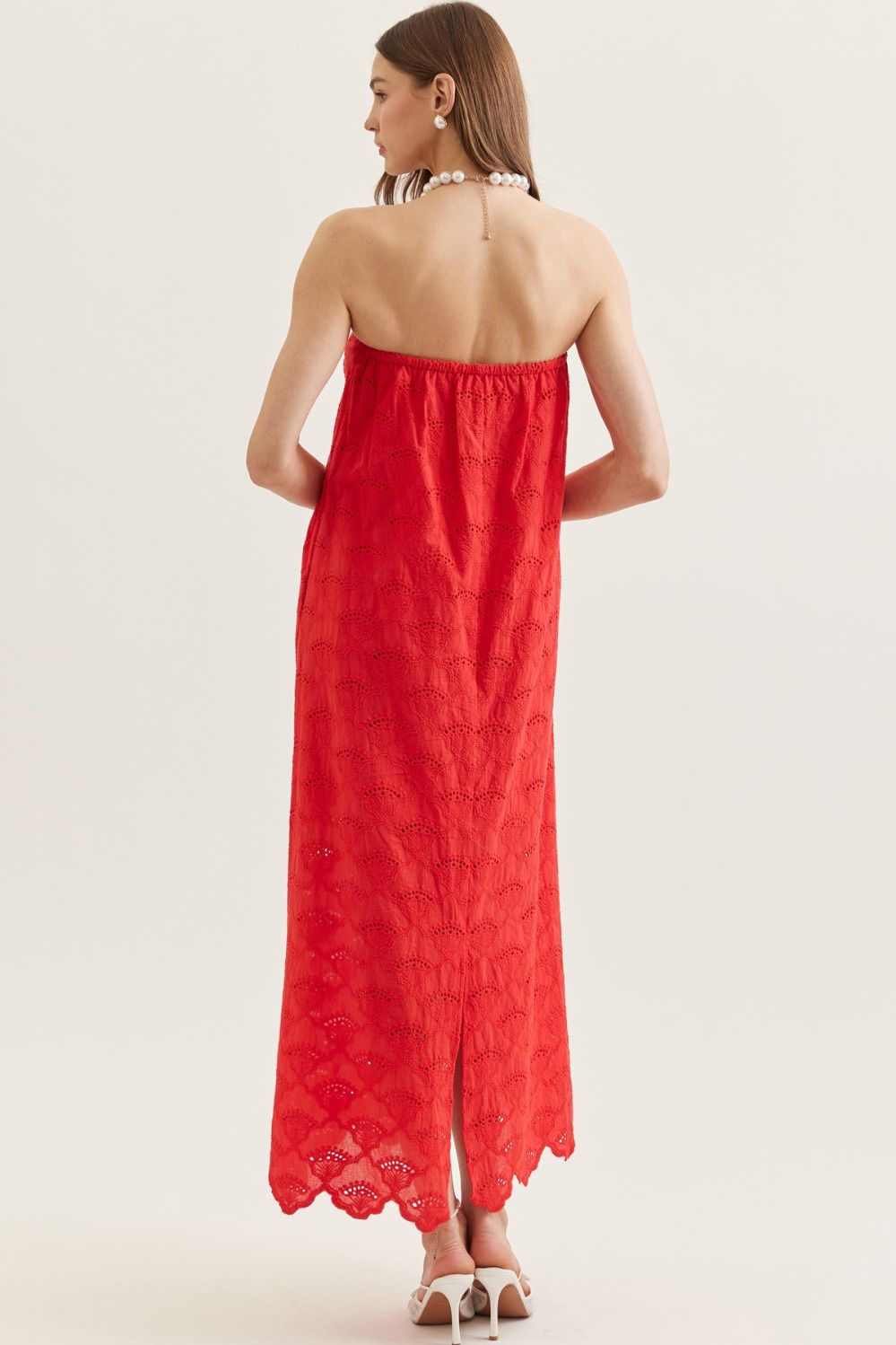 Solid Strapless Lace Dress in Red
